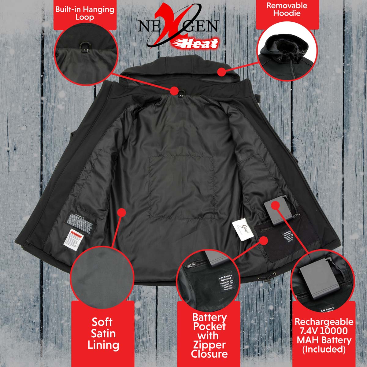 Nexgen Heat MPL2767SET Women's Black 'Heated' Soft Shell Jacket with Detachable Hood for Riding , Hiking w/ Battery