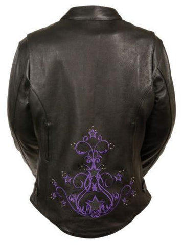 Milwaukee ML2500 Women's Reflective Star Riveted Black and Purple Leather Jacket