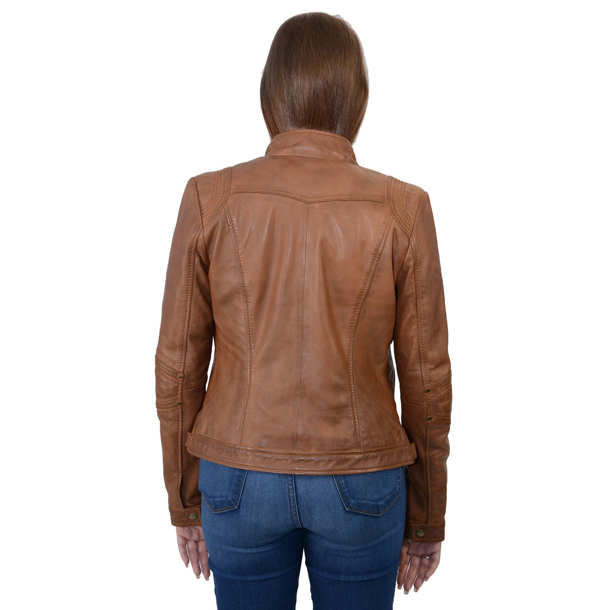 Milwaukee Leather SFL2801 Women's 'Racer' Whiskey Stand Up Collar Motorcycle Fashion Leather Jacket