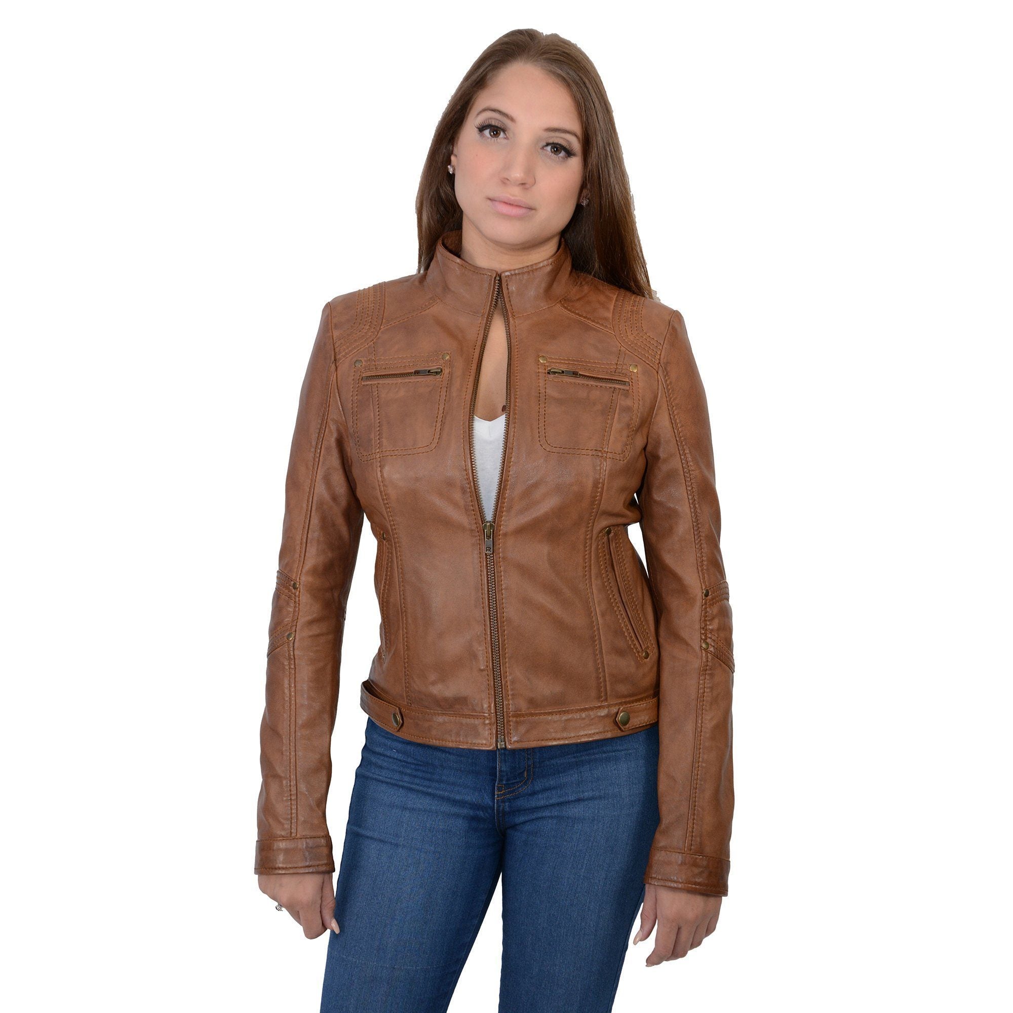Milwaukee Leather SFL2800 Ladies 'Racer' Whiskey Stand Up Collar Leather Jacket - Milwaukee Leather Womens Leather Jackets