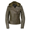 Milwaukee Leather SFL2815 Womens Olive Motorcycle Style Leather Jacket with Hoodie and Asymmetrical Zipper