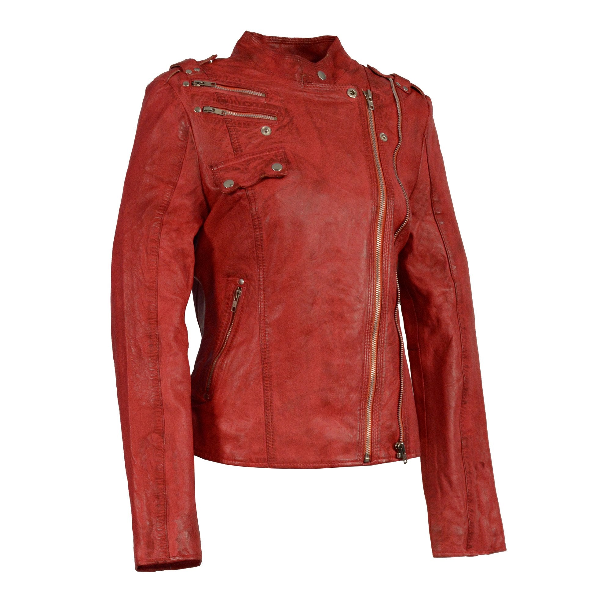 Milwaukee Leather SFL2845 Ladies Distressed Red Leather Moto Jacket with Asymmetrical Zipper - Milwaukee Leather Womens Leather Jackets
