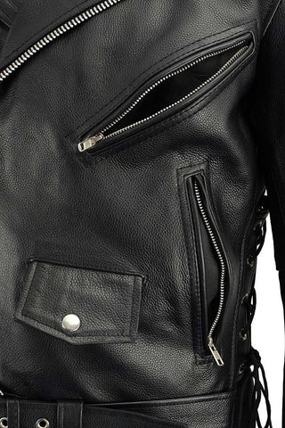 Milwaukee Leather SH1011TALL Black Classic Brando Motorcycle Jacket for Men Made of Cowhide Leather w/ Side Lacing