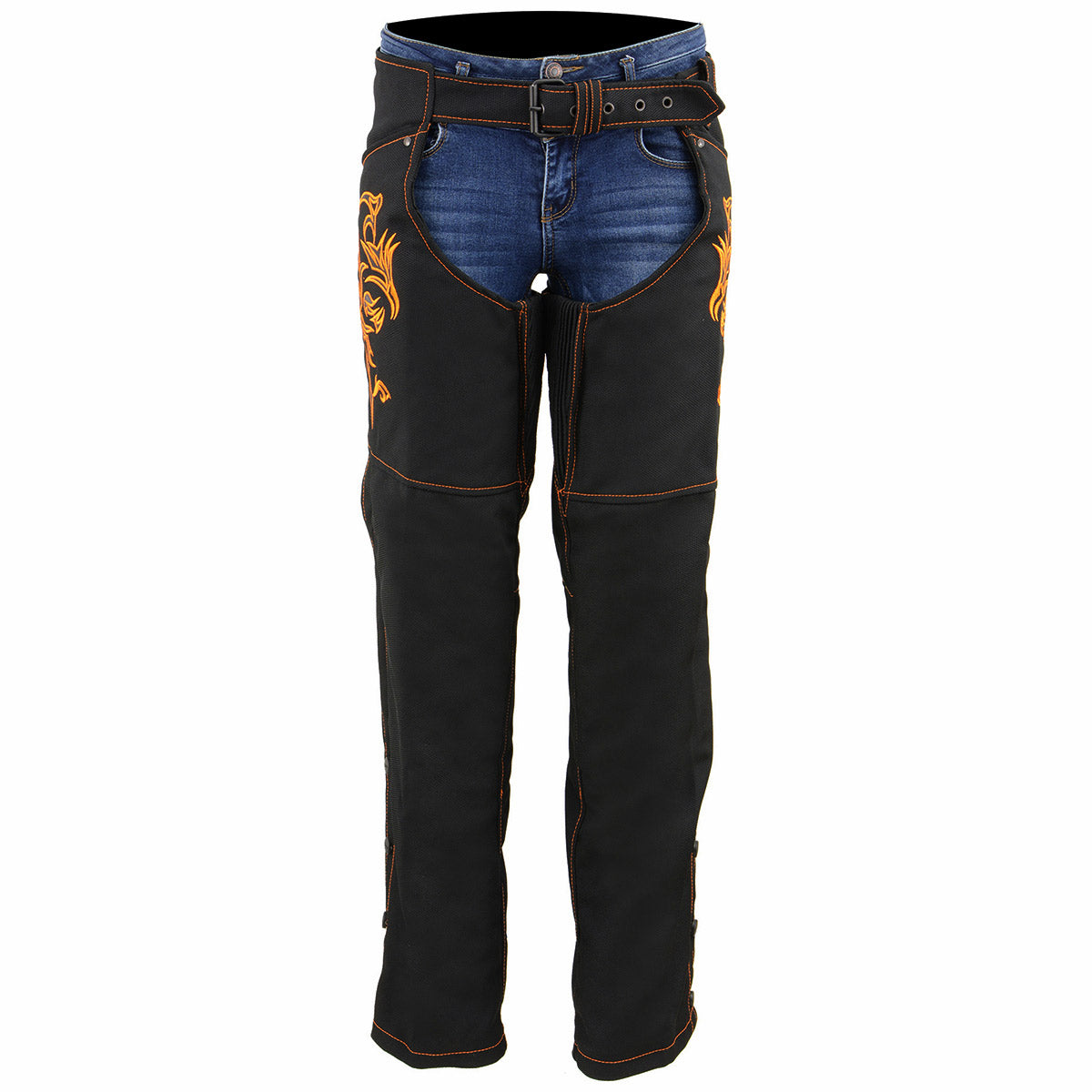 Milwaukee Leather SH1182 Women's Black with Orange Textile Motorcycle Riding Chaps with Tribal Embroidery
