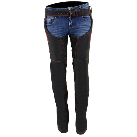 Milwaukee Leather SH1182 Women's Black with Red Textile Motorcycle Riding Chaps with Tribal Embroidery