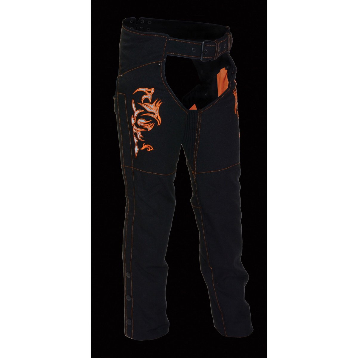Milwaukee Performance SH1182 Women's Black and Orange Textile Chap with Tribal Embroidery - Milwaukee Performance Womens Textile Chaps