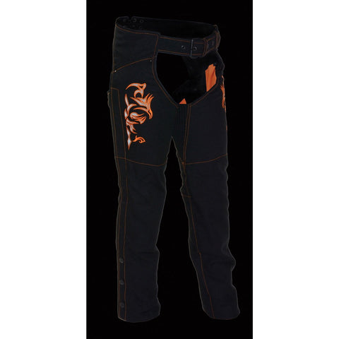 Milwaukee Performance SH1182 Women's Black and Orange Textile Chap with Tribal Embroidery - Milwaukee Performance Womens Textile Chaps