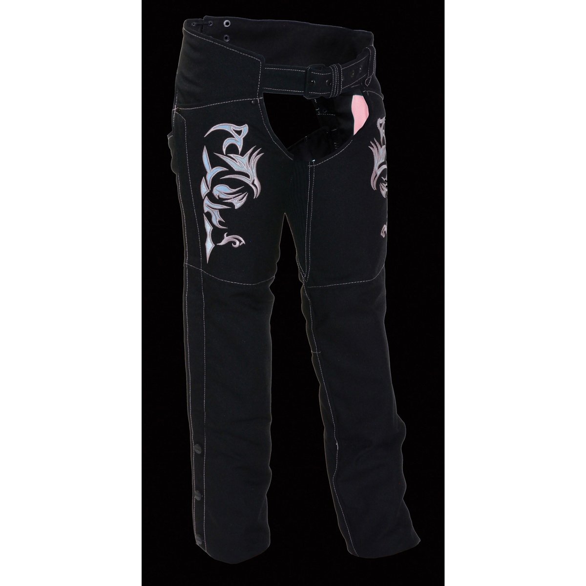 Milwaukee Performance SH1182 Women's Black and Pink Textile Chap with Tribal Embroidery - Milwaukee Performance Womens Textile Chaps