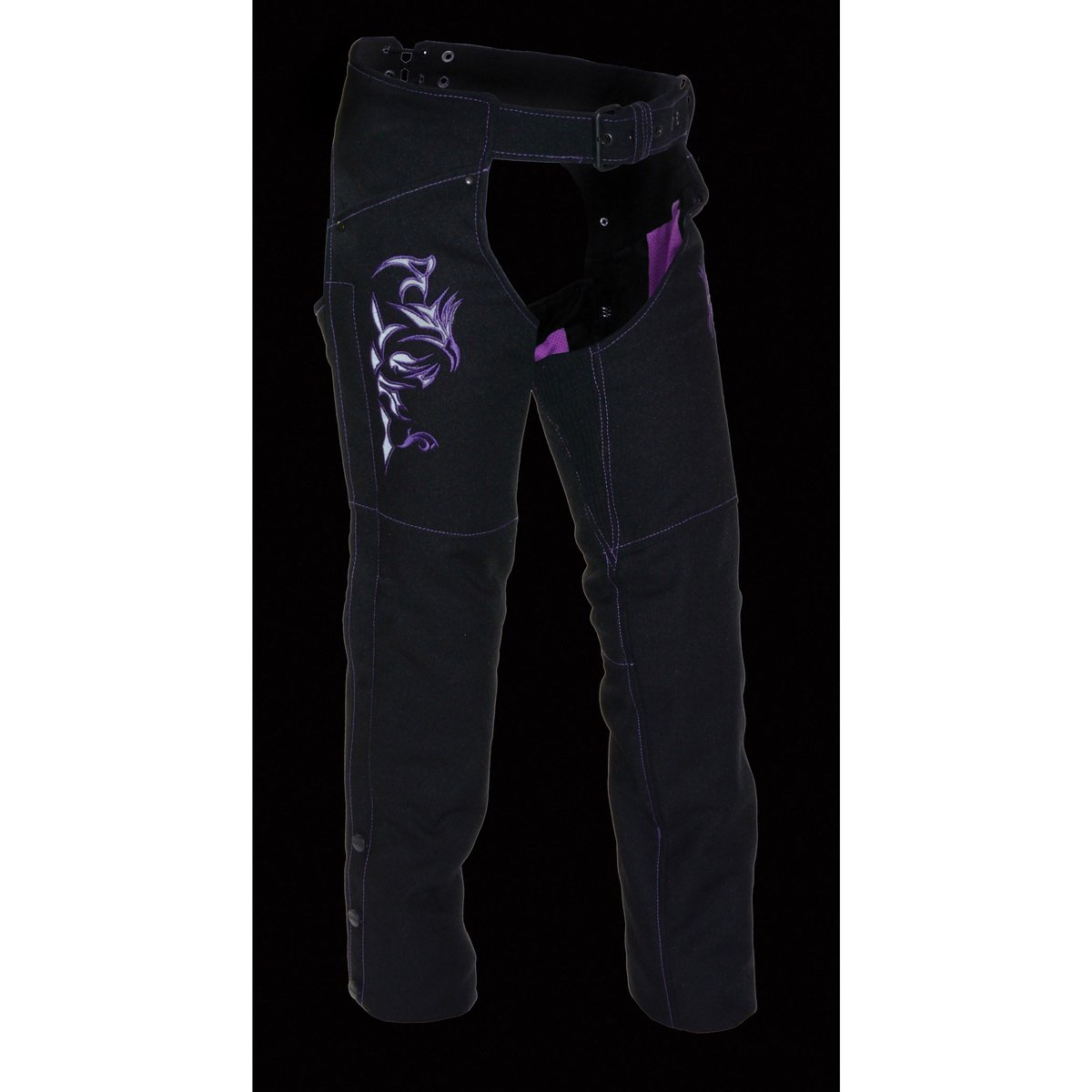 Milwaukee Performance SH1182 Women's Black and Purple Textile Chap with Tribal Embroidery - Milwaukee Performance Womens Textile Chaps