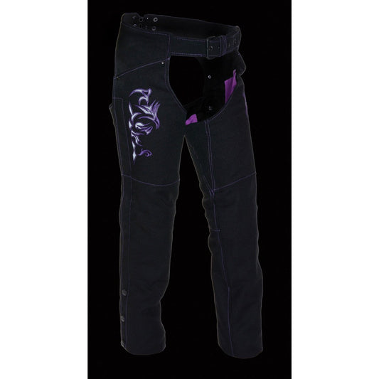 Milwaukee Performance SH1182 Women's Black and Purple Textile Chap with Tribal Embroidery - Milwaukee Performance Womens Textile Chaps