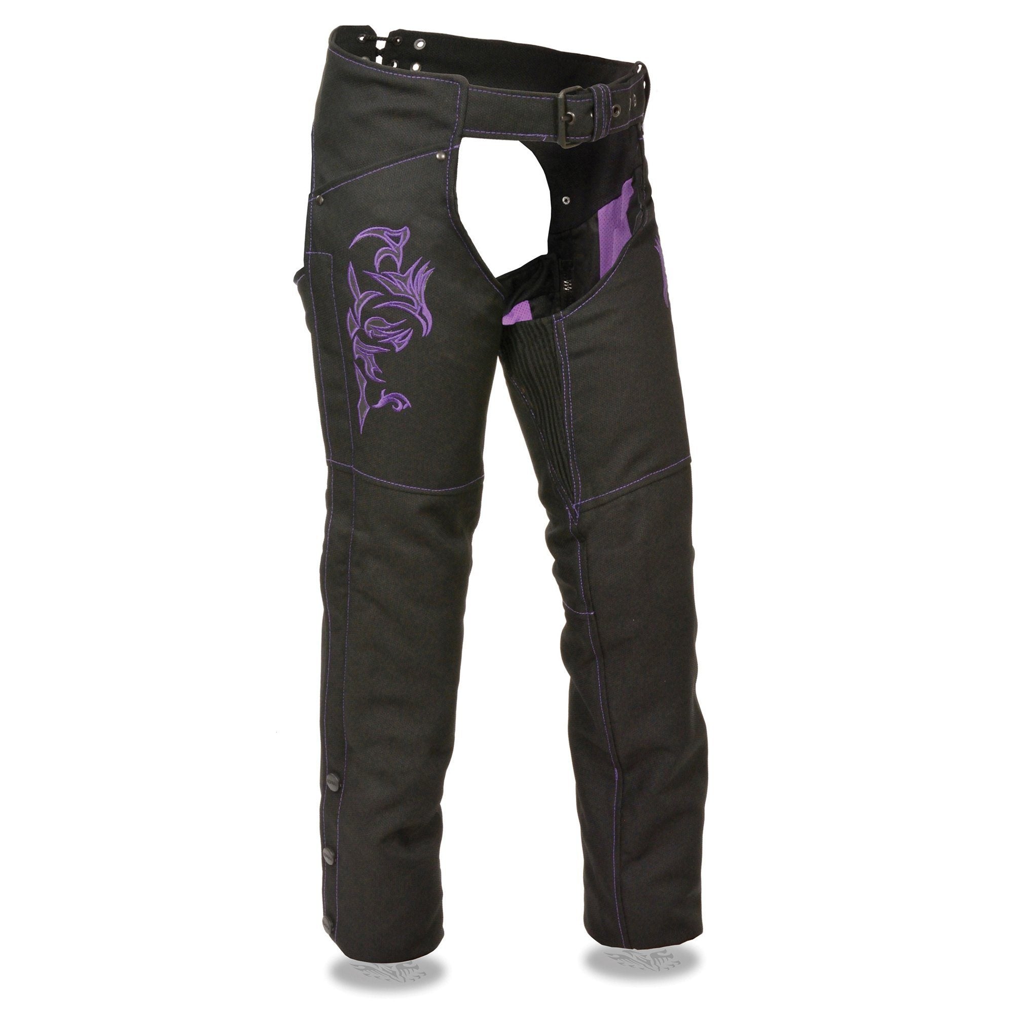 Milwaukee Performance SH1182 Women's Black and Purple Textile Chap with Tribal Embroidery - Milwaukee Performance Womens Textile Chaps