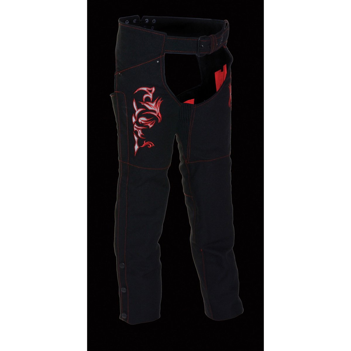 Milwaukee Performance SH1182 Women's Black and Red Textile Chap with Tribal Embroidery - Milwaukee Performance Womens Textile Chaps