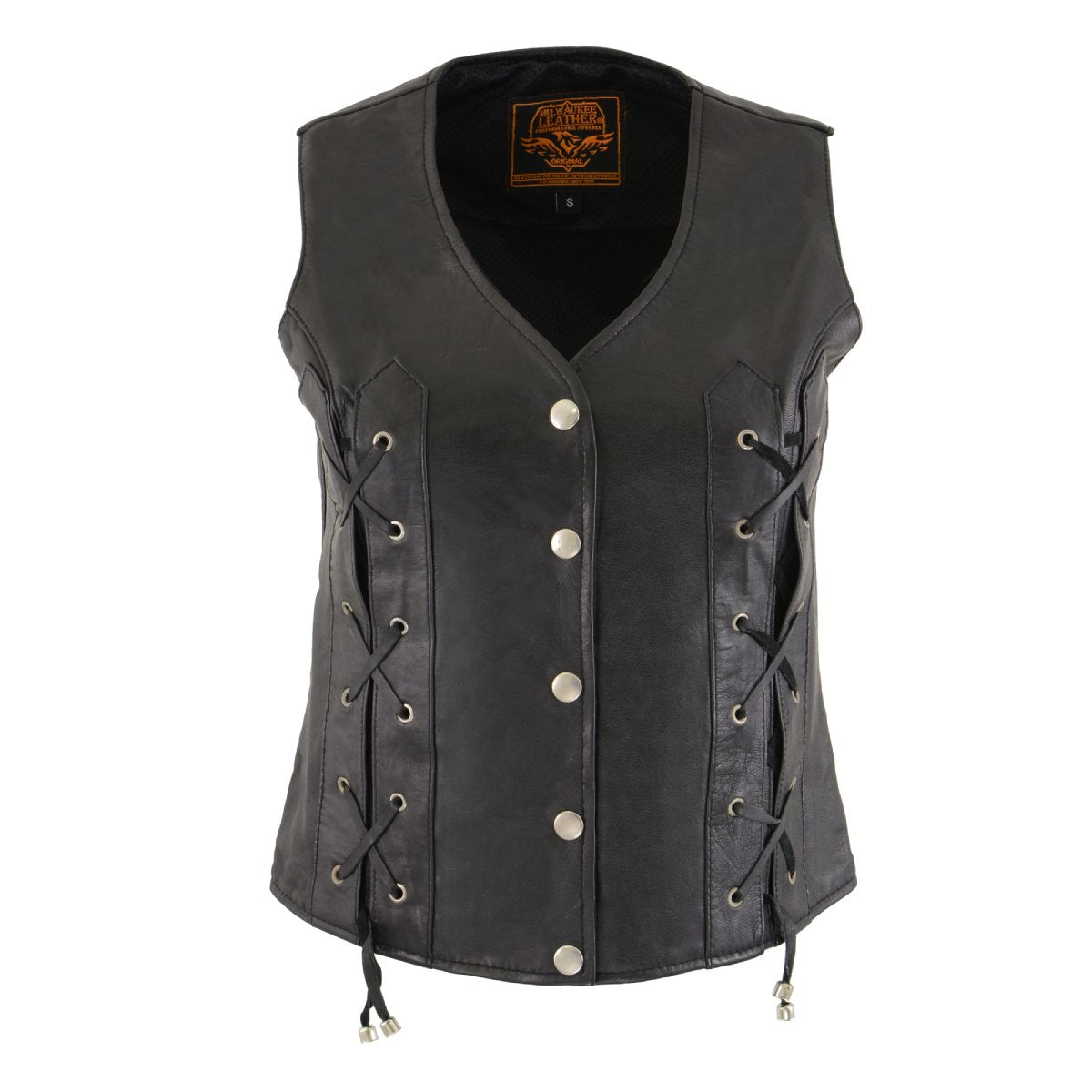 Milwaukee Leather SH1216 Ladies Black Leather Vest with Front Laces and Dual Gun Pockets - Milwaukee Leather Womens Leather Vests