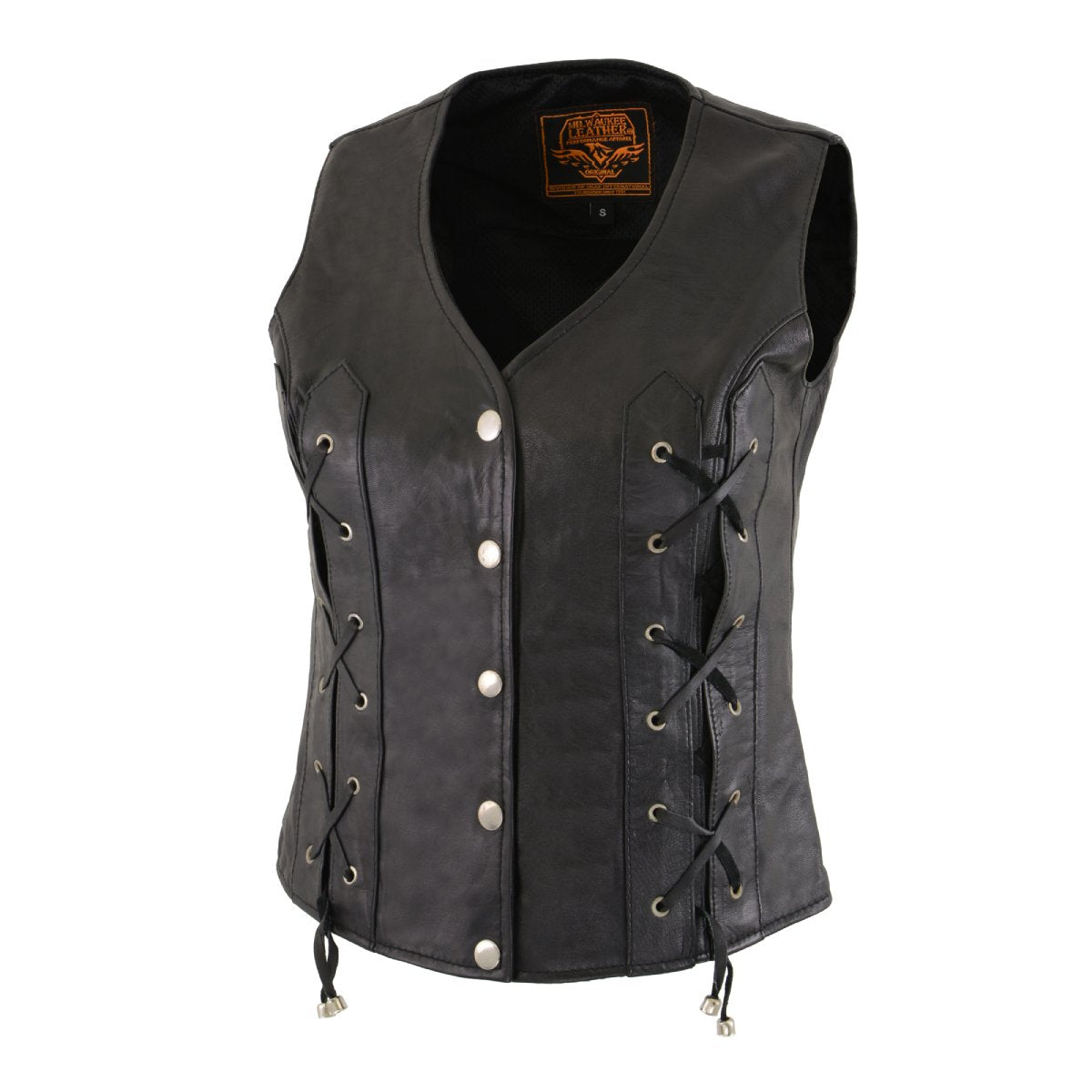 Milwaukee Leather SH1216 Ladies Black Leather Vest with Front Laces and Dual Gun Pockets - Milwaukee Leather Womens Leather Vests
