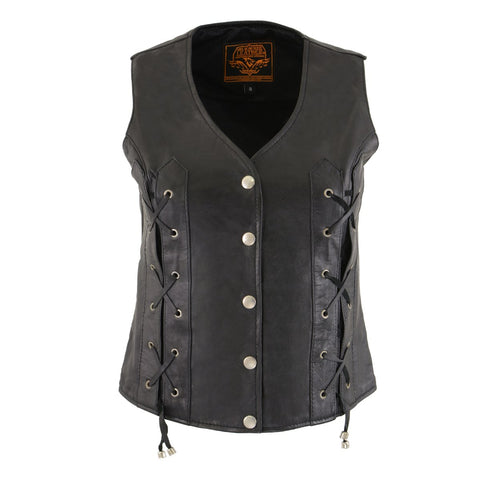 Milwaukee Leather SH1216 Ladies Black Leather Vest with Front Laces and Dual Gun Pockets - Milwaukee Leather Womens Leather Vests