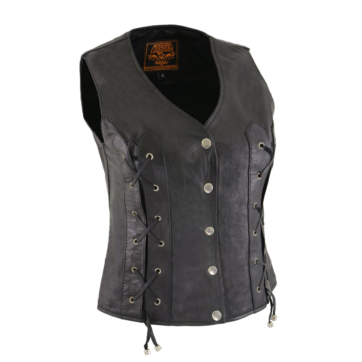 Milwaukee Leather SH1216 Ladies Black Leather Vest with Front Laces and Dual Gun Pockets - Milwaukee Leather Womens Leather Vests