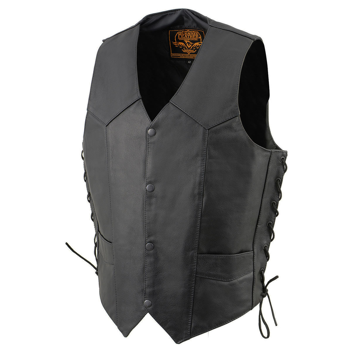 Milwaukee Leather SH1315 Men's Black Leather Classic V-Neck Side Lace Motorcycle Rider Vest w/ Front Snap Closure