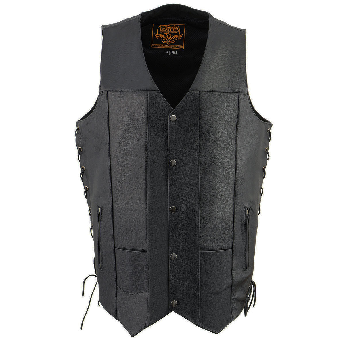 Milwaukee Leather SH1392Tall Men's Black Leather 10 Pocket V-Neck Side Lace Motorcycle Rider Vest w/ Snap Closure