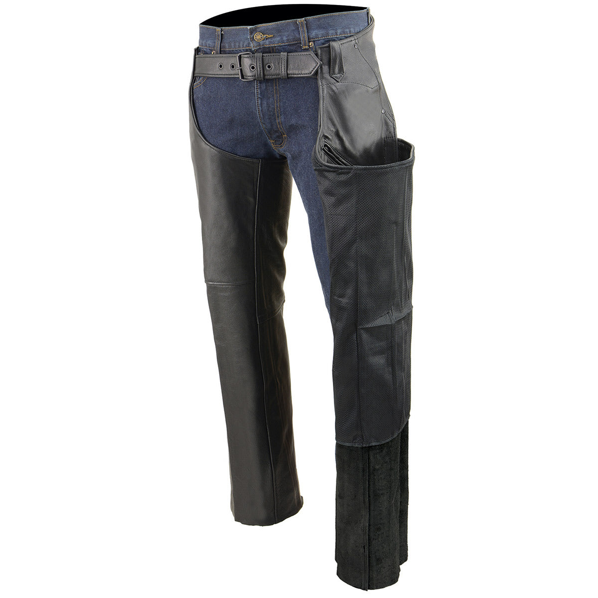 Milwaukee Leather Chaps for Men’s Black Naked Skin Front 3-Pockets - Thigh Patch Pocket Motorcycle Chap - SH1766