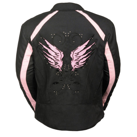 Milwaukee Performance SH1954 Women's Black and Pink Textile Jacket with Stud and Wings Detailing - Milwaukee Performance Womens Textile Jackets