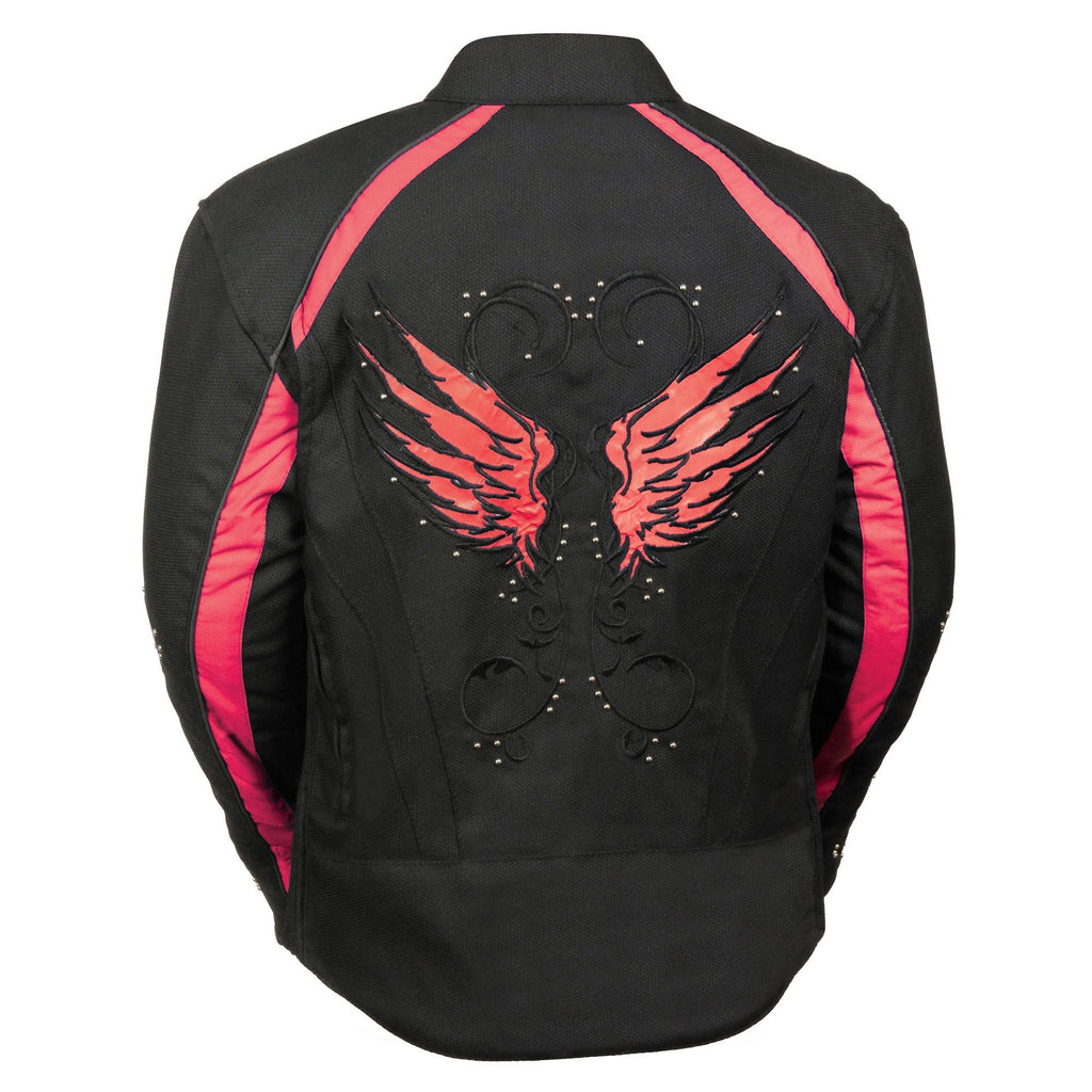 Milwaukee Performance SH1954 Women's Black and Red Textile Jacket with Stud and Wings Detailing - Milwaukee Performance Womens Textile Jackets
