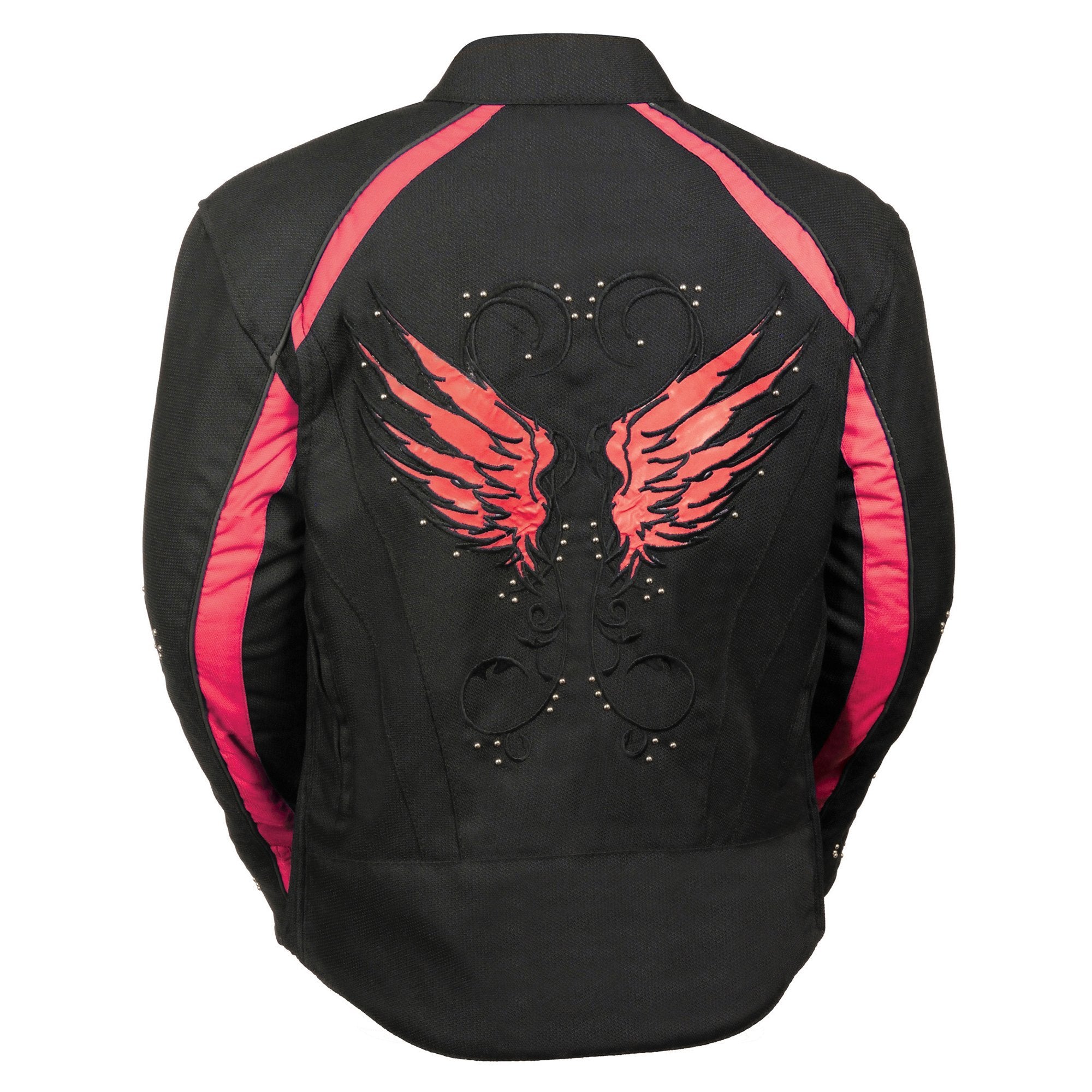 Milwaukee Performance SH1954 Women's Black and Red Textile Jacket with Stud and Wings Detailing - Milwaukee Performance Womens Textile Jackets