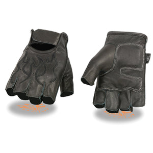 Milwaukee Leather SH198 Men's Black Flame Embroidered Fingerless Gloves with Gel Palm - Milwaukee Leather Mens Leather Gloves