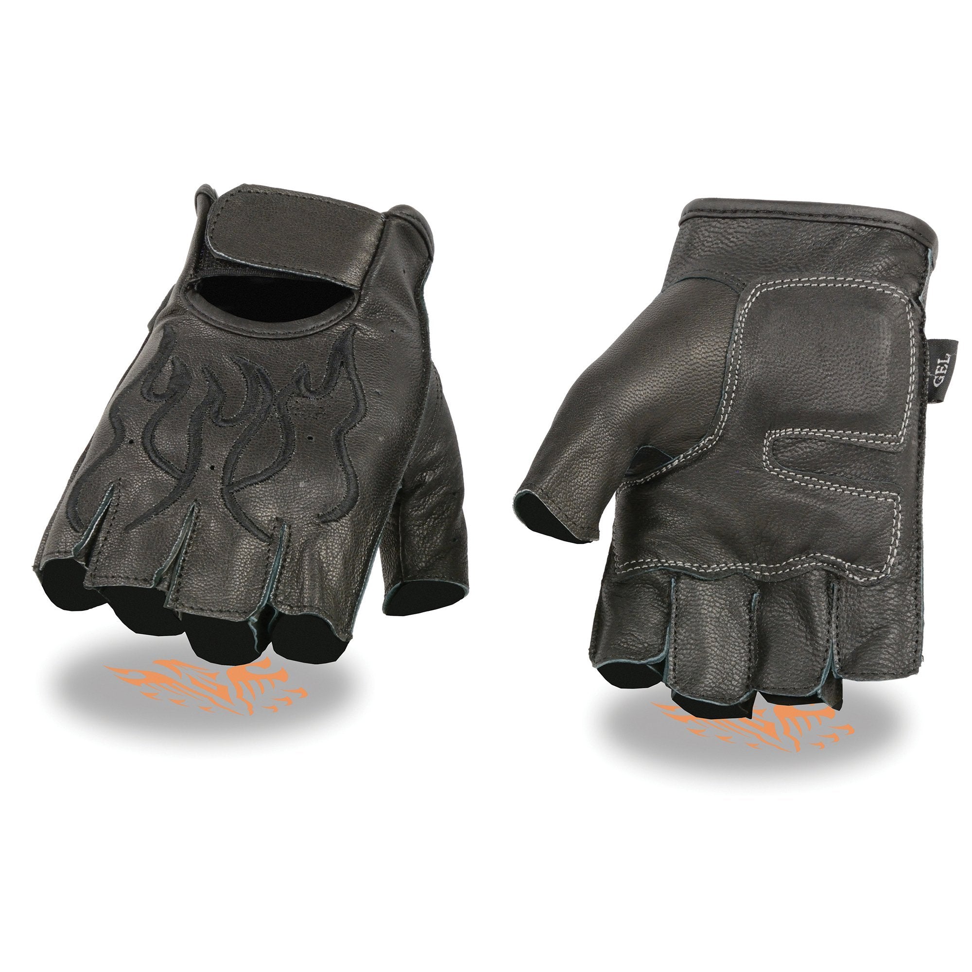 Xelement XG198 Men's 'Flamed' Embroidered Fingerless Black Leather Gloves