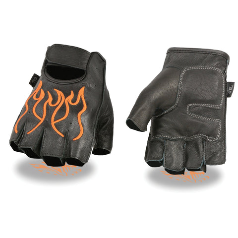 Milwaukee Leather SH198 Men's Black Leather Gel Padded Palm Fingerless Motorcycle Hand Gloves W/ ‘Orange Flame Embroidered’