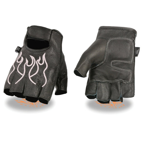 Xelement XG198 Women's Embroidered 'Flamed' Fingerless Black and Pink Motorcycle Leather Gloves