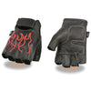 Xelement XG198 Men's 'Flamed' Embroidered Fingerless Black and Red Leather Gloves