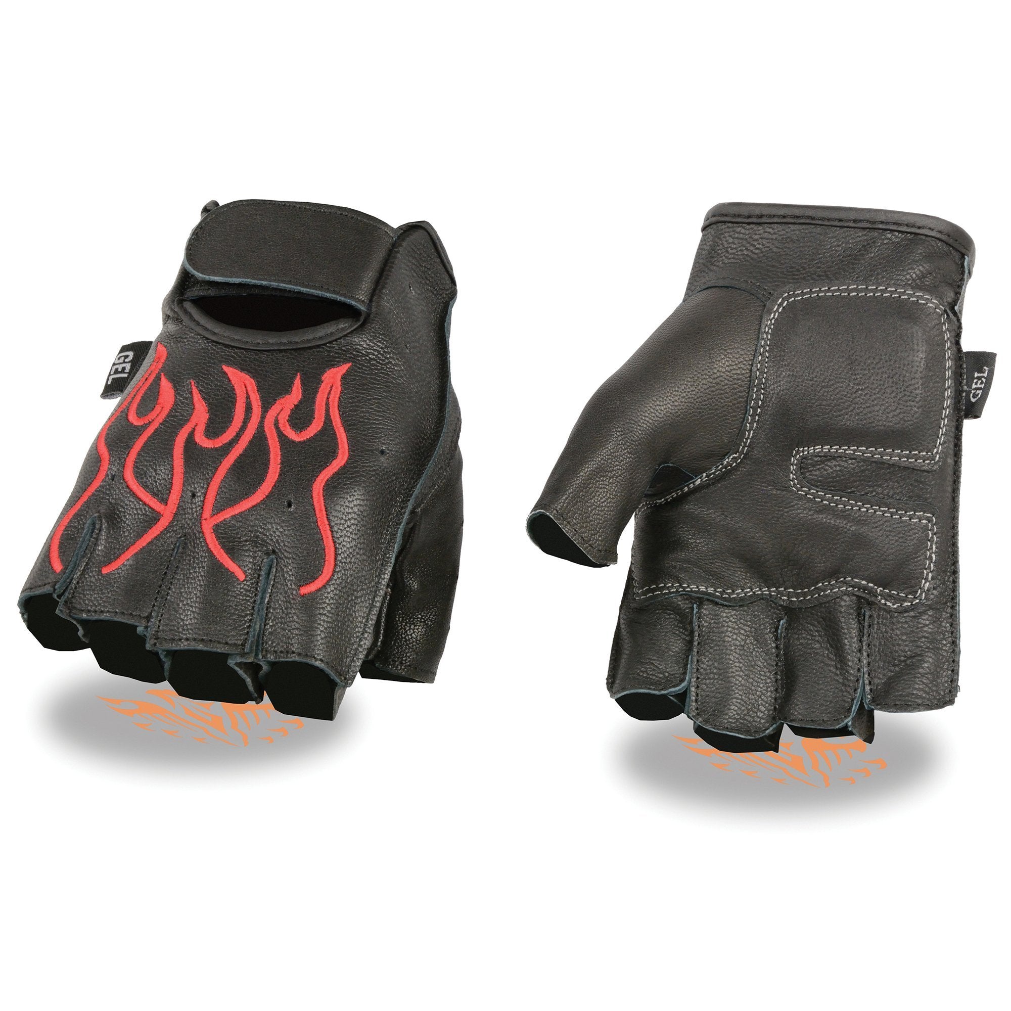 Milwaukee Leather SH198 Men's Black and Red Flamed Embroidered Fingerless Leather Gloves