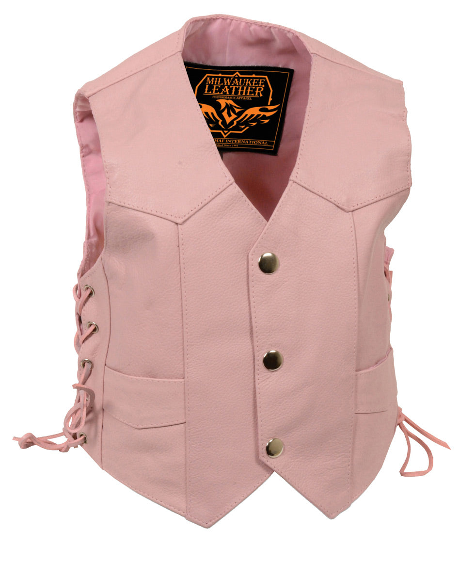 Milwaukee Leather SH2011LPNK Girls Pink Classic Three Snap Leather Vest