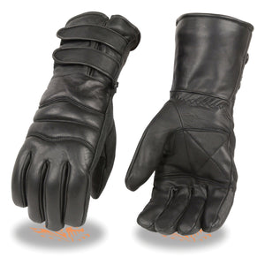 Milwaukee Leather SH233 Men's Black Leather Warm Lining Gauntlet Motorcycle Hand Gloves W/ Double Strap Cuff Pull-on Closure