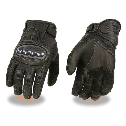 Milwaukee Leather SH298 Men's Black Perforated Leather Hard Knuckle Racing Motorcycle Gloves W/ Exhaust and Padded Fingers