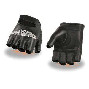 Milwaukee Leather SH353 Men's 'Skull and Bones' Black Leather Fingerless Gloves - Milwaukee Leather Mens Leather Gloves