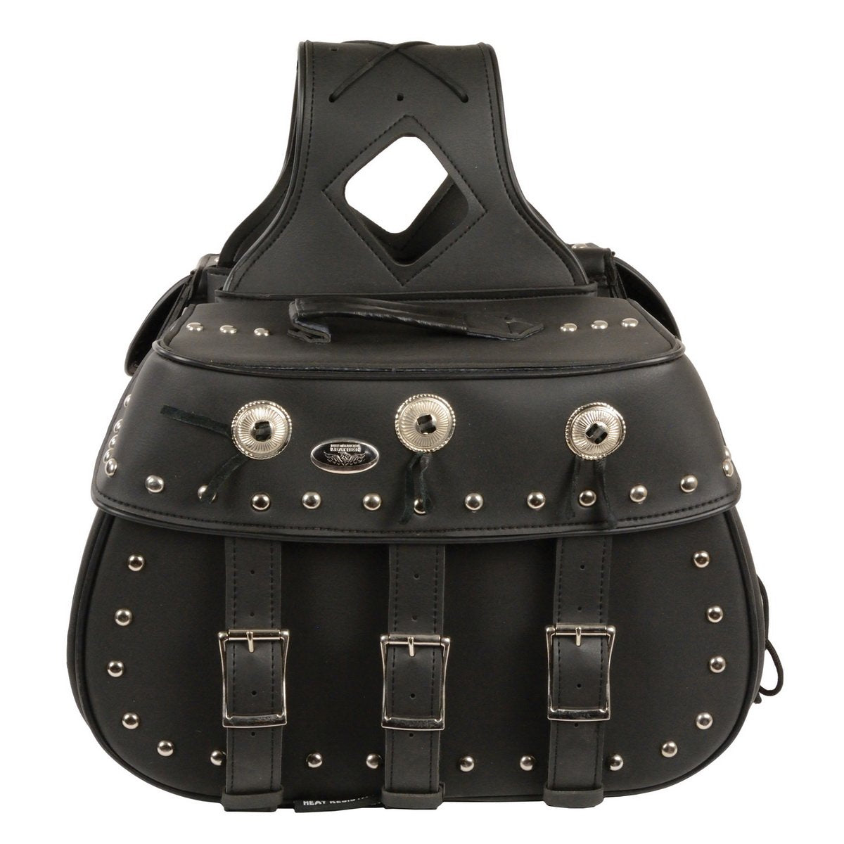 Milwaukee Leather SH652ZB Zip-Off Triple Buckle PVC Throw Over Saddle Bag with Studs and Conchos (18X11X7X19)