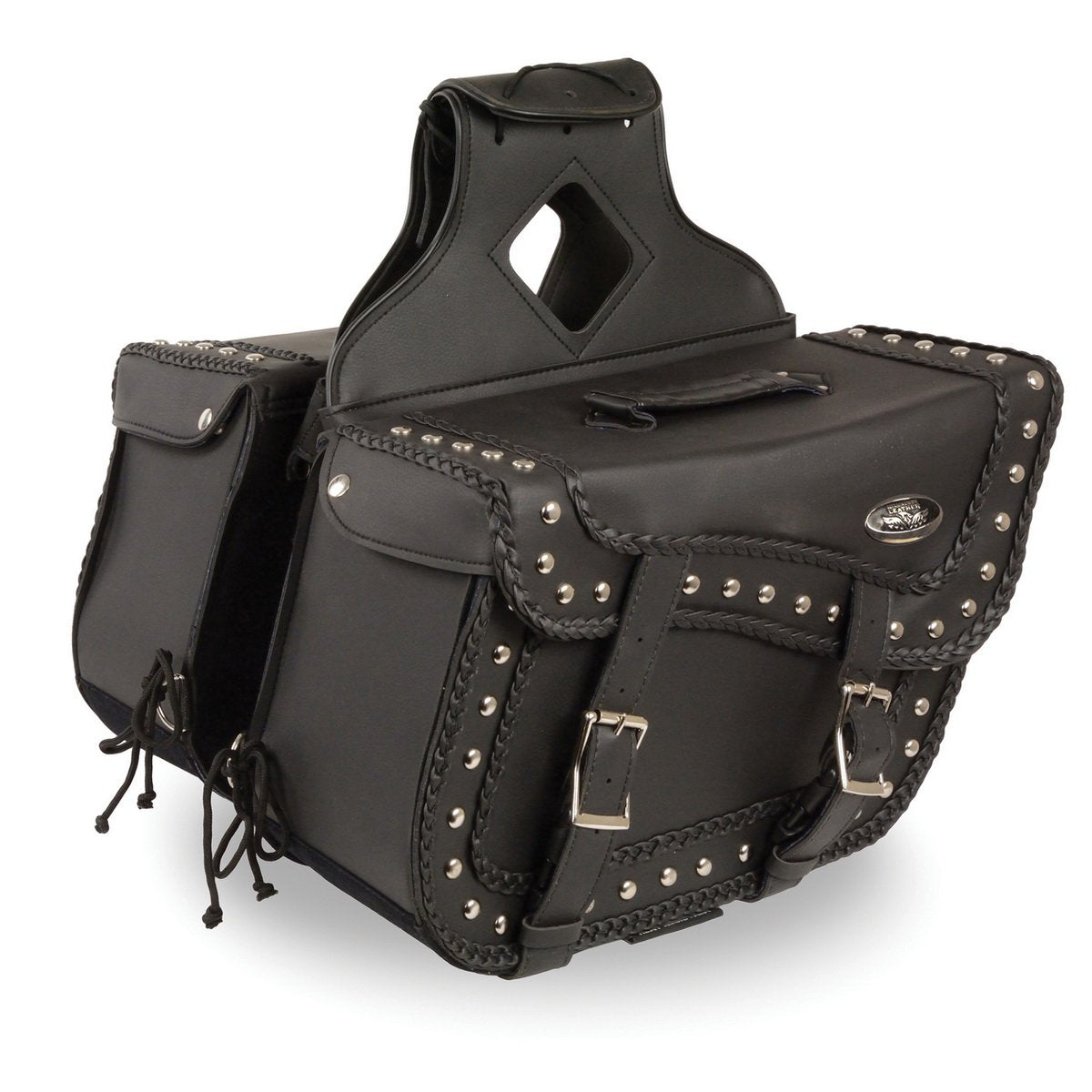 Milwaukee Leather SH66401ZB Large Braided Zip-Off PVC Throw Over Saddle Bag with Studs (16X10X6X22)