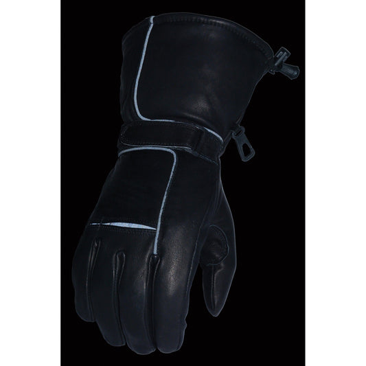 Milwaukee Leather Men's Black Soft Leather Gauntlet Motorcycle Hand Gloves-Waterproof Gel Palm Reflective Piping SH873