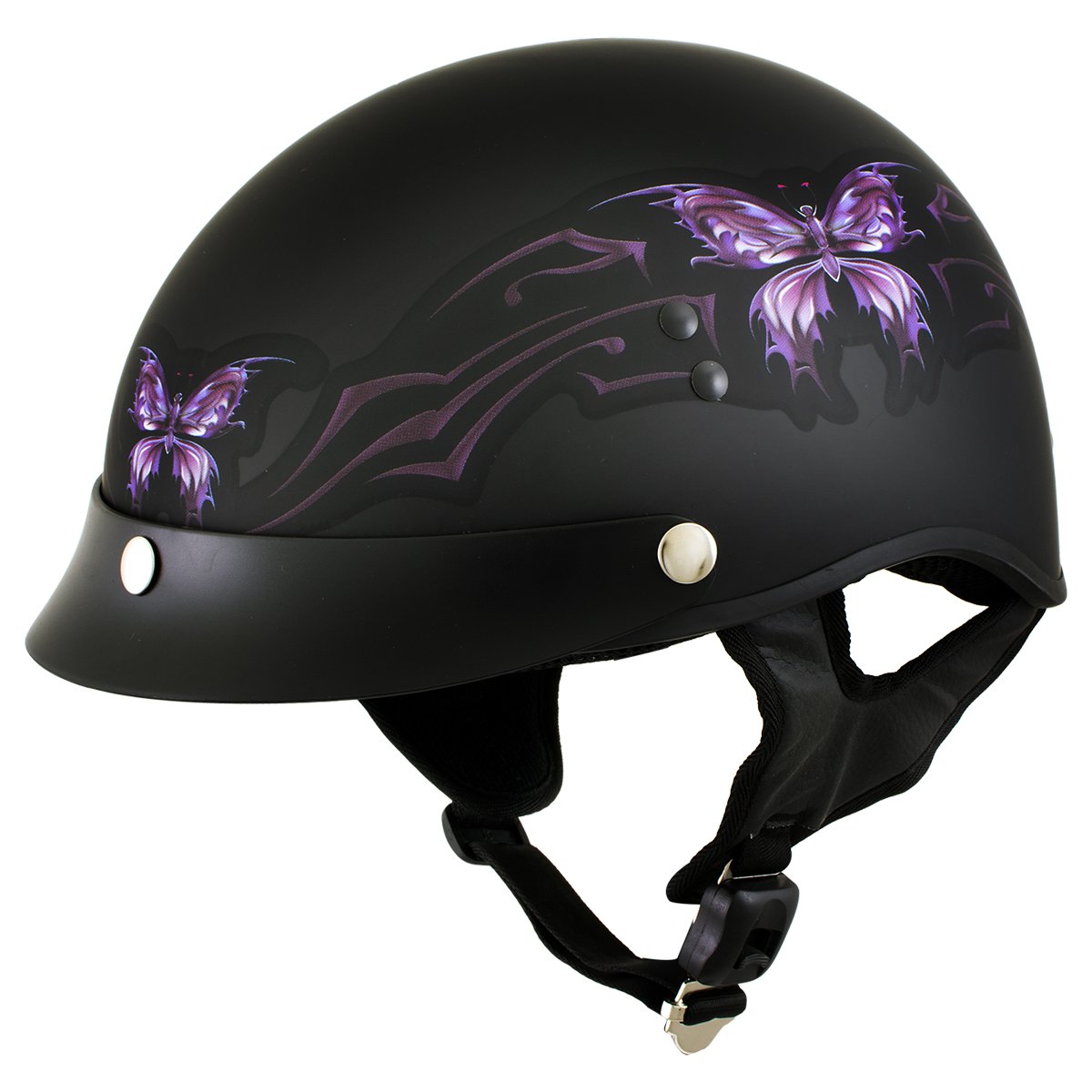Hot Leathers T70 'Purple Butterfly' Advanced DOT Flat Black Motorcycle Half Face Helmet