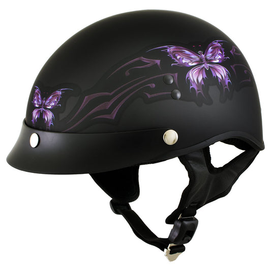 Hot Leathers T70 'Purple Butterfly' Advanced DOT Flat Black Motorcycle Half Face Helmet
