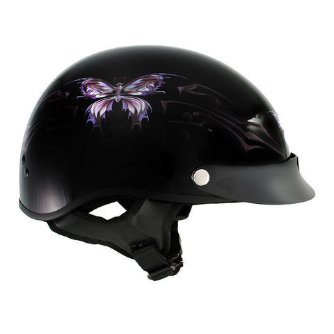 Hot Leathers T70 'Purple Butterfly' Advanced DOT Glossy Black Motorcycle Half Helmet
