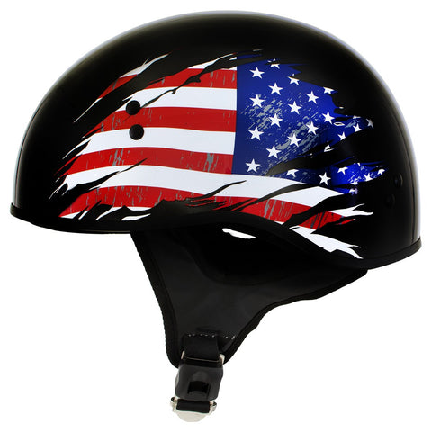 Hot Leathers T68 'American Flag' Advanced DOT Black Glossy Motorcycle Skull Cap Half Helmet