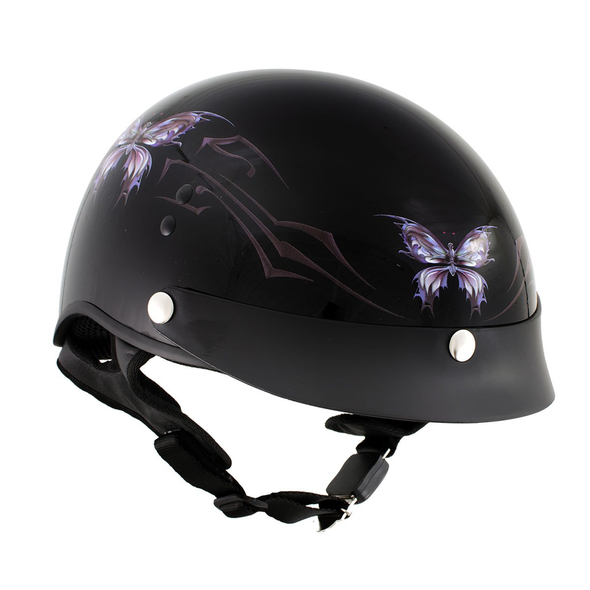 Hot Leathers T70 'Purple Butterfly' Advanced DOT Glossy Black Motorcycle Half Helmet