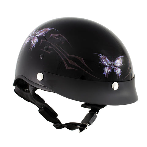 Hot Leathers T70 'Purple Butterfly' Advanced DOT Glossy Black Motorcycle Half Helmet