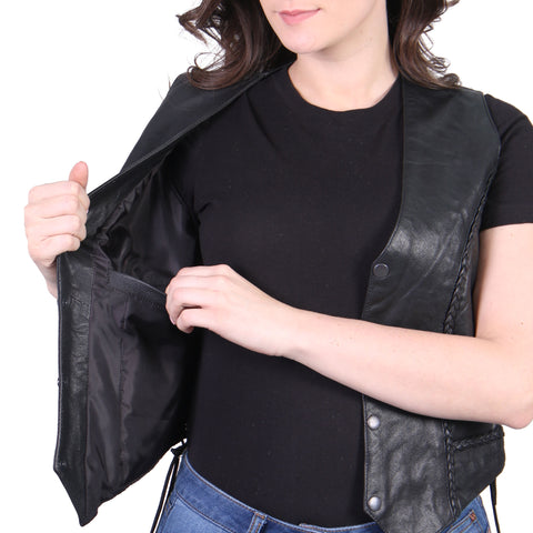 Hot Leathers VSL1006 Ladies Motorcycle Black Leather Braided Biker Vest