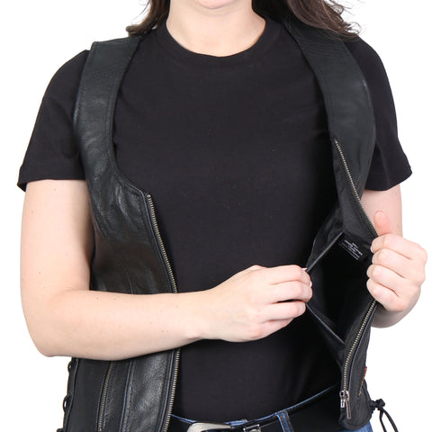 Hot Leathers VSL1013 Ladies motorcycle style Black Leather Side Lace Zip-Up Biker Vest
