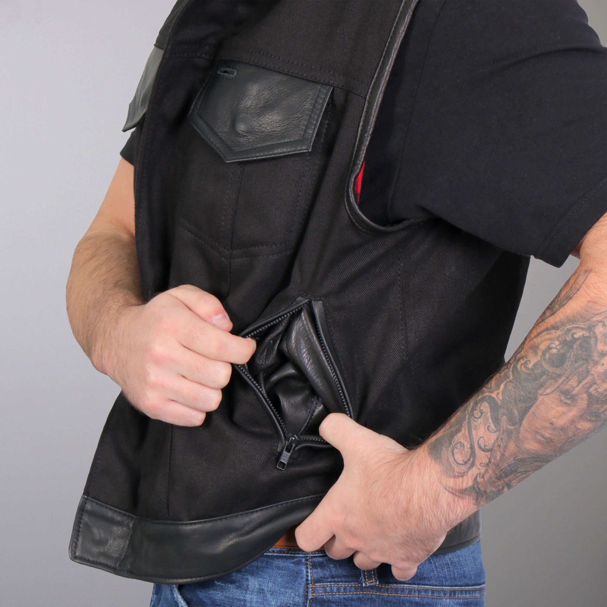 Hot Leathers VSM5101 Men's USA Made Denim and Leather Vest with Red Lining