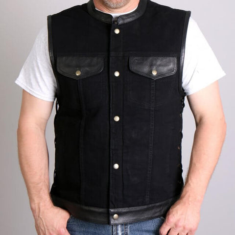 Hot Leathers VSM6101 Men's Motorcycle Club style Carry Conceal Black Denim and Leather Biker Vest