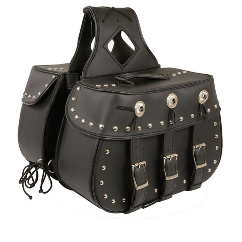 Milwaukee Leather SH652ZB Black Zip-Off Triple Buckle PVC Throw Over Motorcycle Saddle Bags with Studs (18X11X7X19)
